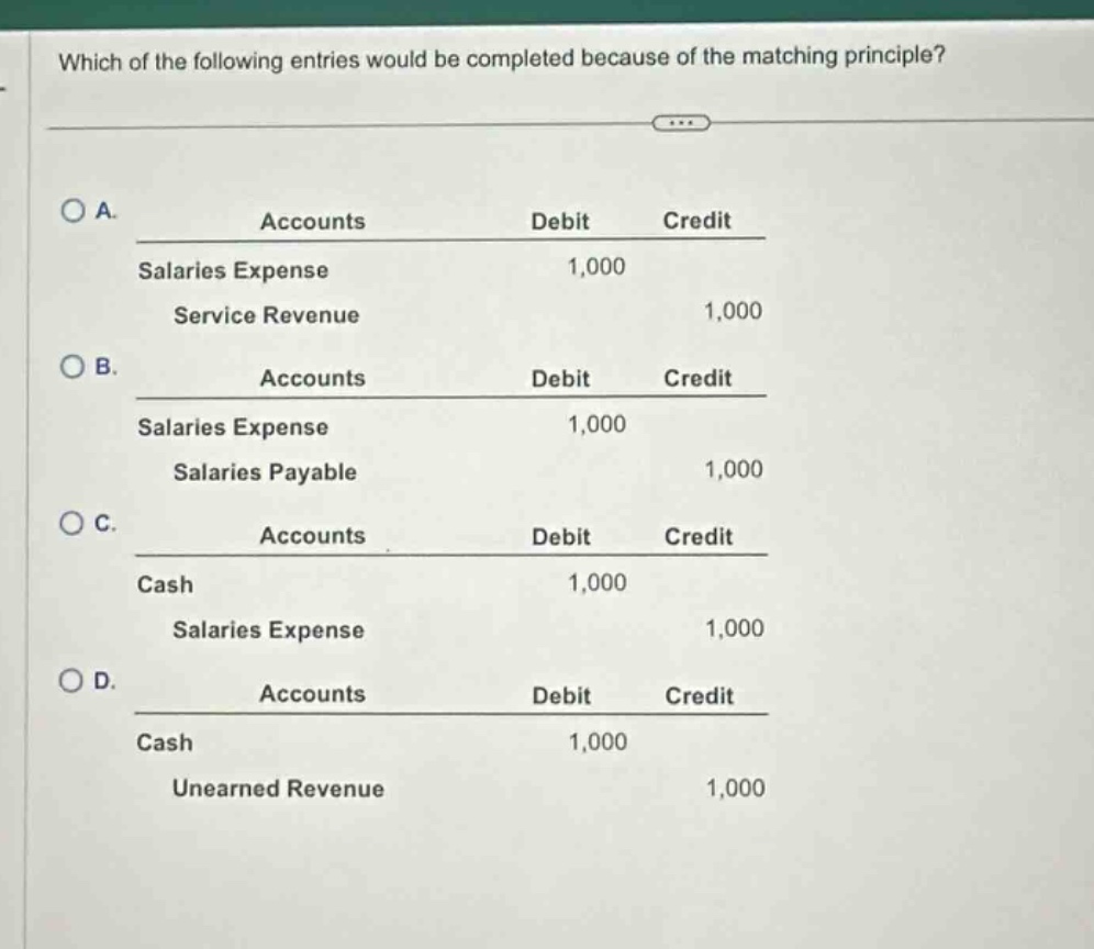 which of the following entries would be completed because of the matching principle? a. accounts debit credit salaries expense 1,000 service revenue 1,000 b. accounts debit credit salaries expense 1,000 salaries payable 1,000 c. accounts debit credit cash 1,000 salaries expense 1,000 d. accounts debit credit cash 1,000 unearned revenue 1,000