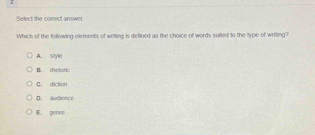 2 select the correct answer. which of the following elements of writing is defined as the choice of words suited to the type of writing? a. style b. rhetoric c. diction d. audience e. genre