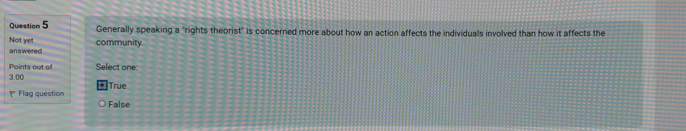 question 5 not yet answered points out of 3.00 flag question generally speaking a \rights theorist\ is concerned more about how an action affects the individuals involved than how it affects the community. select one: true false