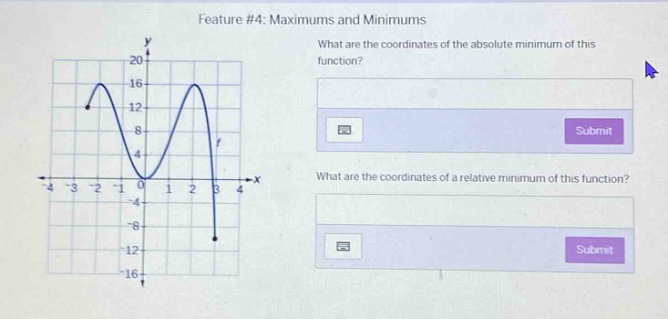 feature #4: maximums and minimums what are the coordinates of the absolute minimum of this function? what are the coordinates of a relative minimum of this function?