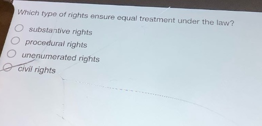 which type of rights ensure equal treatment under the law?\nsubstantive rights\nprocedural rights\nunenumerated rights\ncivil rights