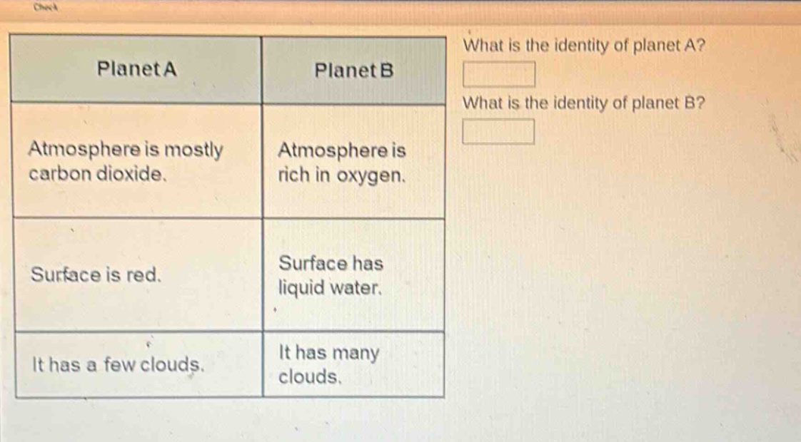 what is the identity of planet a? what is the identity of planet b? planet a: atmosphere is mostly carbon dioxide. surface is red. it has a few clouds. planet b: atmosphere is rich in oxygen. surface has liquid water. it has many clouds.