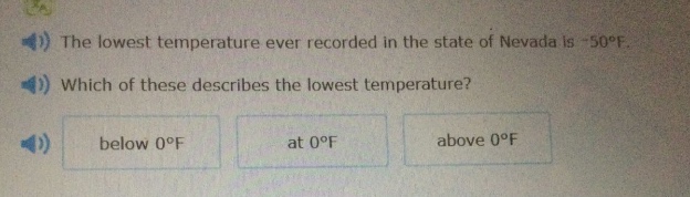 the lowest temperature ever recorded in the state of nevada is -50°f. which of these describes the lowest temperature? below 0°f at 0°f above 0°f