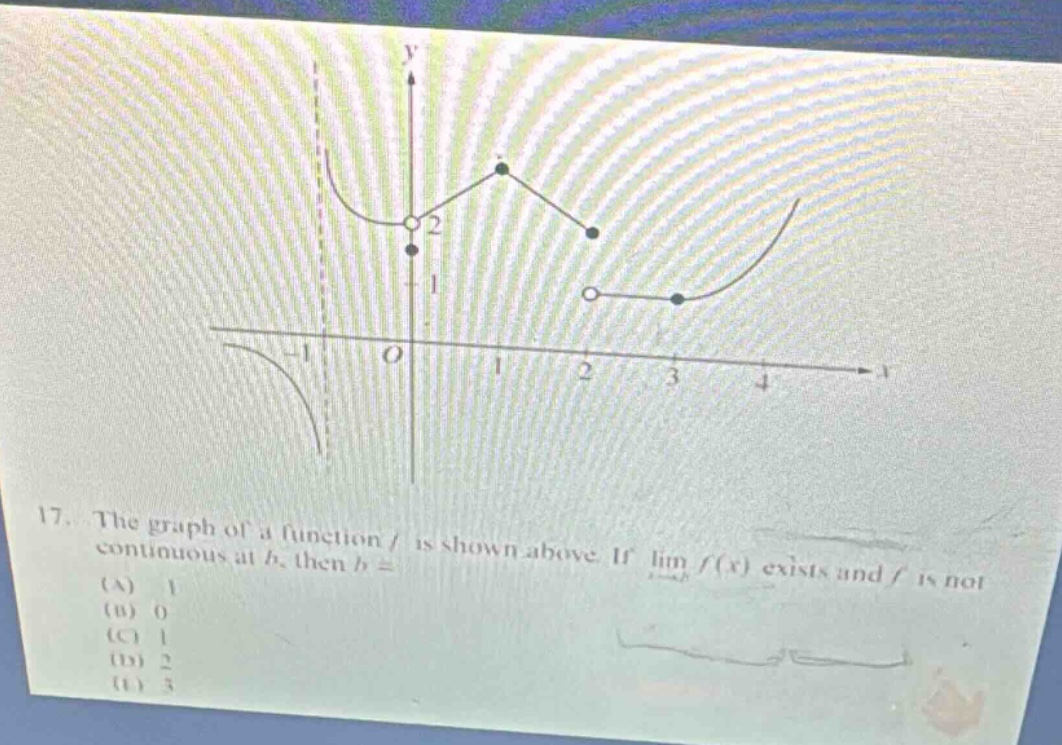 17. the graph of a function f is shown above. if lim f(x) exists and f is not continuous at b, then b = (a) - 1 (b) 0 (c) 1 (d) 2 (e) 3
