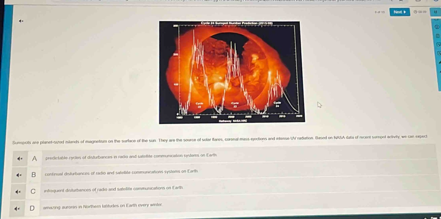 sunspots are planet - sized islands of magnetism on the surface of the sun. they are the source of solar flares, coronal mass ejections and intense uv radiation. based on nasa data of recent sunspot activity, we can expect\na predictable cycles of disturbances in radio and satellite communication systems on earth\nb continual disturbances of radio and satellite communications systems on earth\nc infrequent disturbances of radio and satellite communications on earth\nd amazing auroras in northern latitudes on earth every winter.