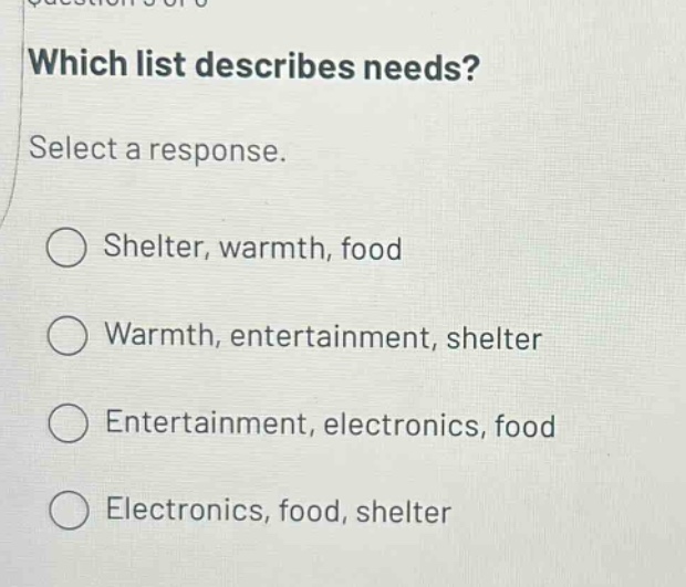 which list describes needs? select a response. shelter, warmth, food warmth, entertainment, shelter entertainment, electronics, food electronics, food, shelter