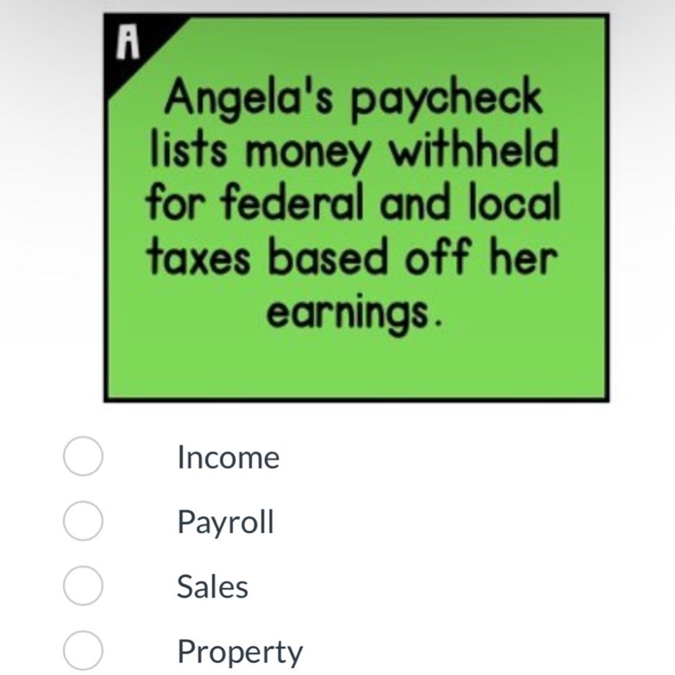 angelas paycheck lists money withheld for federal and local taxes based off her earnings. income payroll sales property