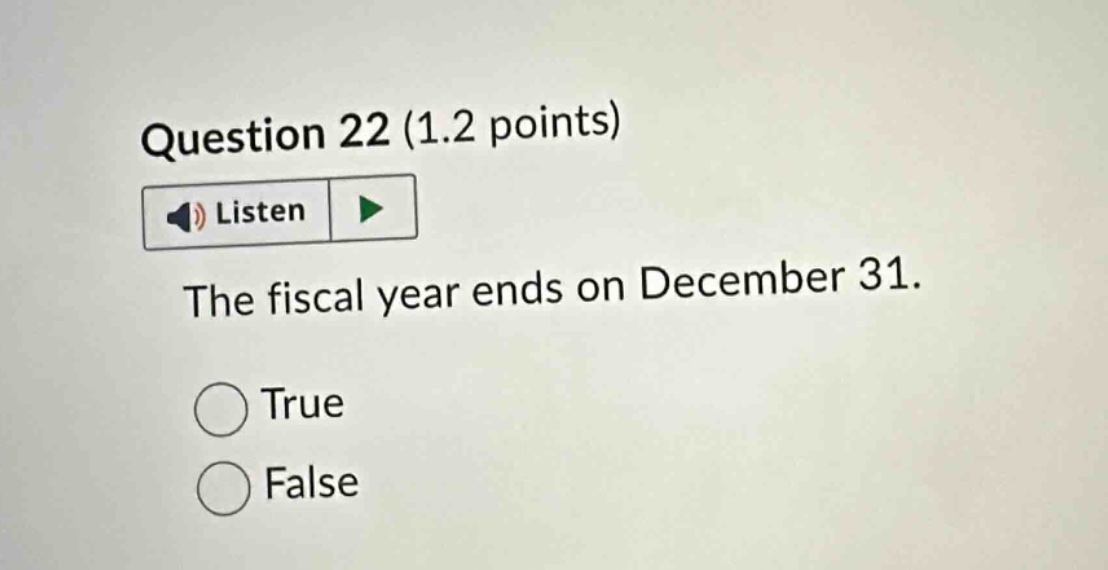 question 22 (1.2 points) listen the fiscal year ends on december 31. true false
