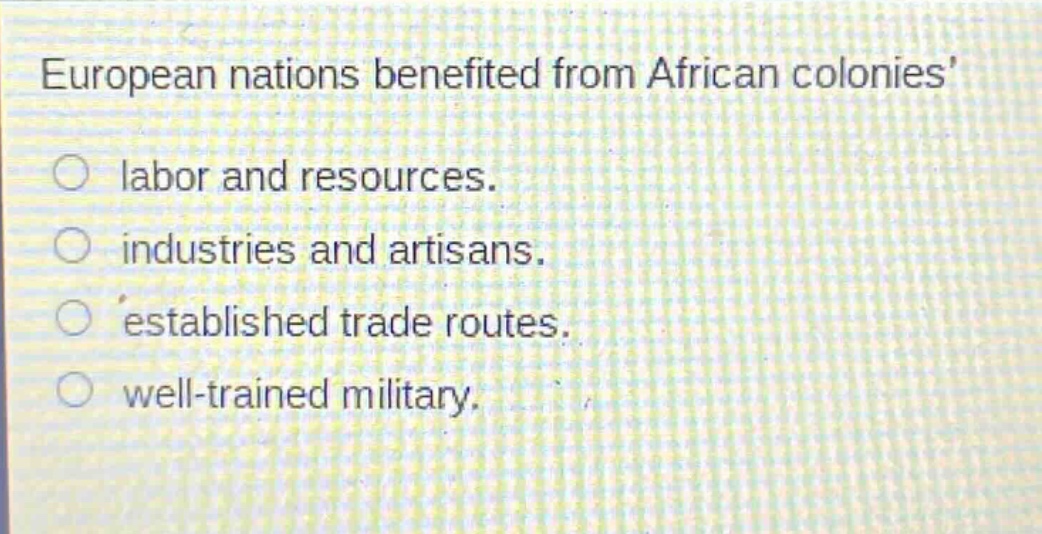 european nations benefited from african colonies labor and resources. industries and artisans. established trade routes. well - trained military.
