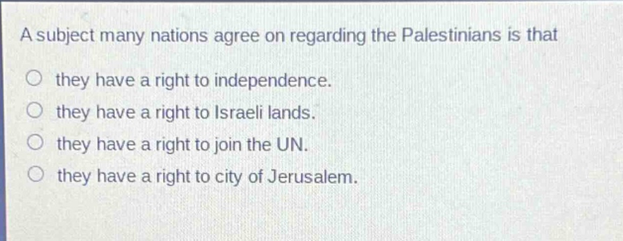 a subject many nations agree on regarding the palestinians is that they have a right to independence. they have a right to israeli lands. they have a right to join the un. they have a right to city of jerusalem.