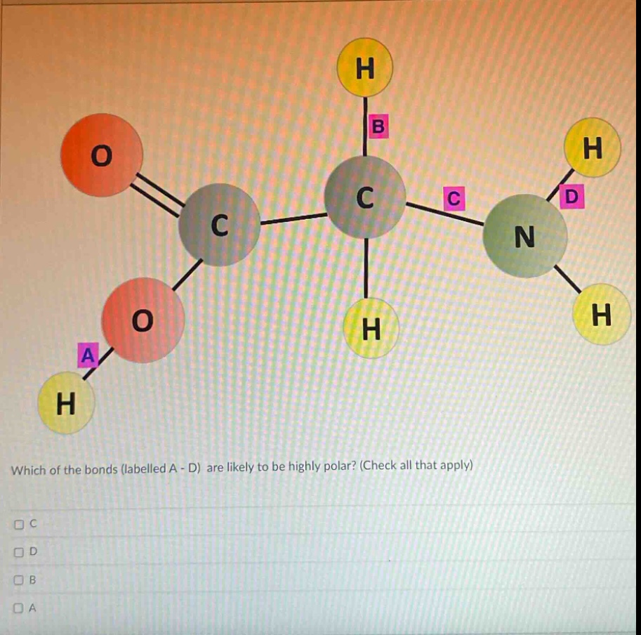 which of the bonds (labelled a - d) are likely to be highly polar? (check all that apply)\n□ c\n□ d\n□ b\n□ a