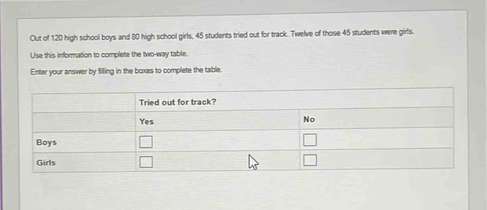 out of 120 high school boys and 80 high school girls, 45 students tried out for track. twelve of those 45 students were girls. use this information to complete the two - way table. enter your answer by filling in the boxes to complete the table. tried out for track? yes no boys girls