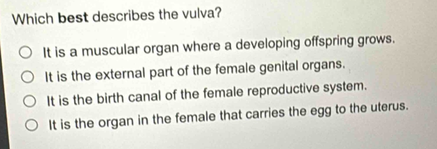 which best describes the vulva? it is a muscular organ where a developing offspring grows. it is the external part of the female genital organs. it is the birth canal of the female reproductive system. it is the organ in the female that carries the egg to the uterus.