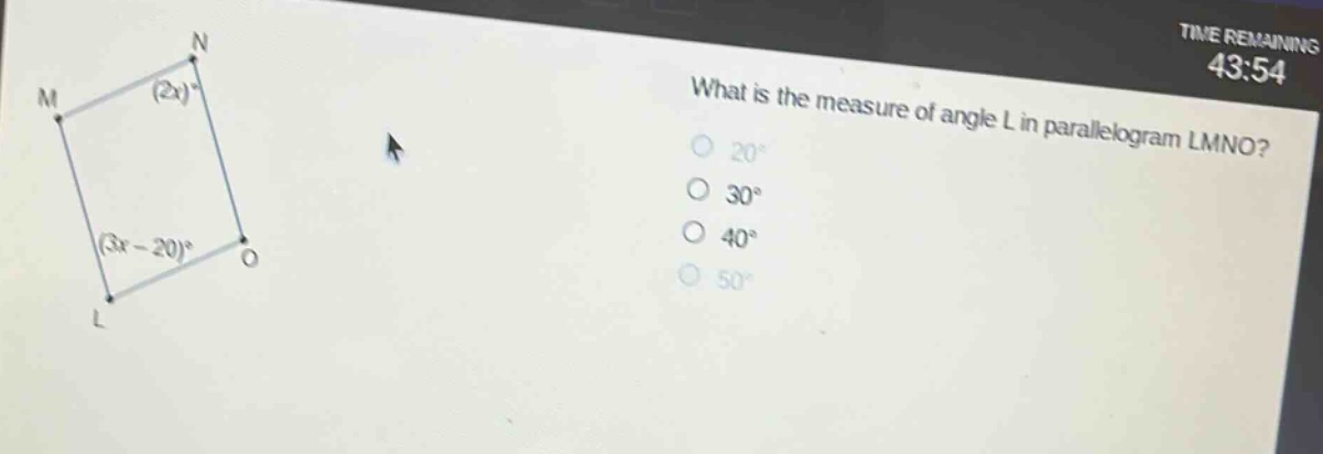 what is the measure of angle l in parallelogram lmno? 20° 30° 40° 50°