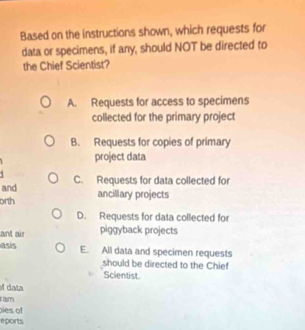 based on the instructions shown, which requests for data or specimens, if any, should not be directed to the chief scientist? a. requests for access to specimens collected for the primary project b. requests for copies of primary project data c. requests for data collected for ancillary projects d. requests for data collected for piggyback projects e. all data and specimen requests should be directed to the chief scientist.