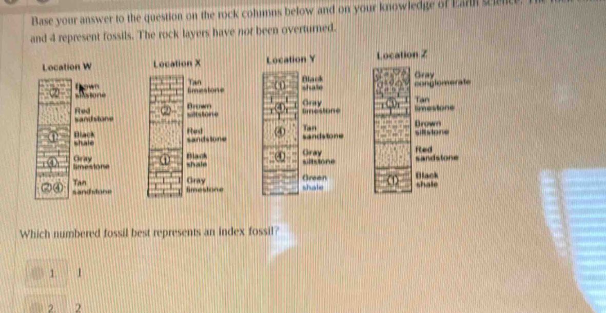 base your answer to the question on the rock columns below and on your knowledge of earth science. the rock layers have not been overturned. location w location x location y location z which numbered fossil best represents an index fossil?