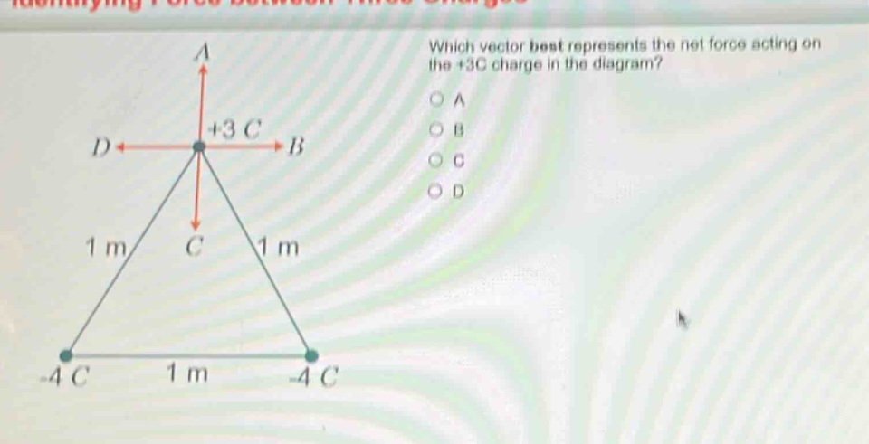 which vector best represents the net force acting on the +3c charge in the diagram?\na\nb\nc\nd