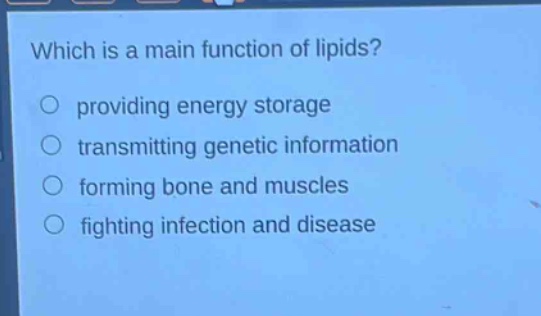 which is a main function of lipids? providing energy storage transmitting genetic information forming bone and muscles fighting infection and disease