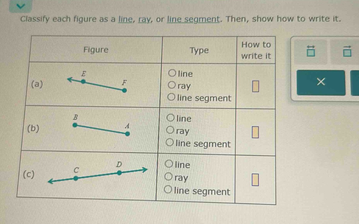 classify each figure as a line, ray, or line segment. then, show how to write it. figure type how to write it (a) line ray line segment (b) line ray line segment (c) line ray line segment