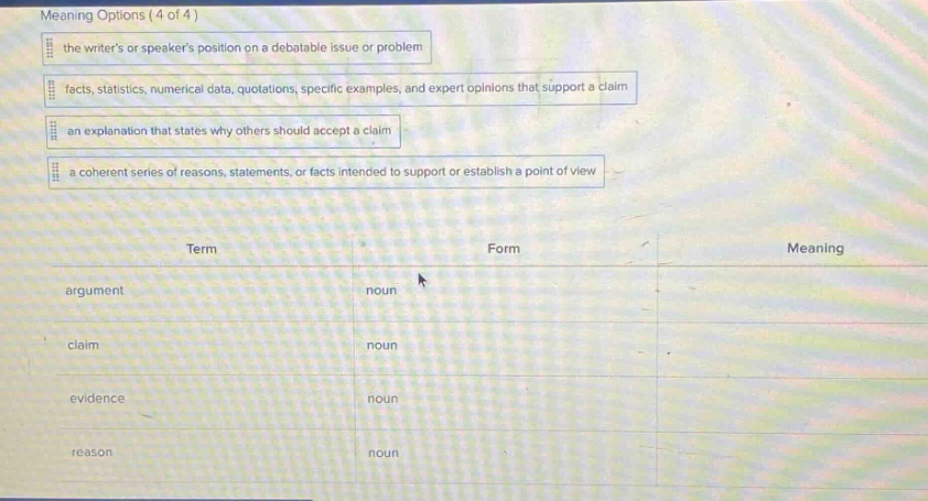 meaning options (4 of 4) the writers or speakers position on a debatable issue or problem facts, statistics, numerical data, quotations, specific examples, and expert opinions that support a claim an explanation that states why others should accept a claim a coherent series of reasons, statements, or facts intended to support or establish a point of view term form meaning argument noun claim noun evidence noun reason noun