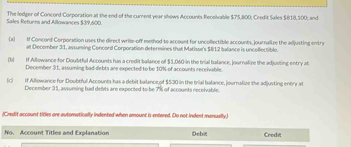the ledger of concord corporation at the end of the current year shows accounts receivable $75,800; credit sales $818,100; and sales returns and allowances $39,600. (a) if concord corporation uses the direct write - off method to account for uncollectible accounts, journalize the adjusting entry at december 31, assuming concord corporation determines that matisses $812 balance is uncollectible. (b) if allowance for doubtful accounts has a credit balance of $1,060 in the trial balance, journalize the adjusting entry at december 31, assuming bad debts are expected to be 10% of accounts receivable. (c) if allowance for doubtful accounts has a debit balance of $530 in the trial balance, journalize the adjusting entry at december 31, assuming bad debts are expected to be 7% of accounts receivable. (credit account titles are automatically indented when amount is entered. do not indent manually.) no. account titles and explanation debit credit