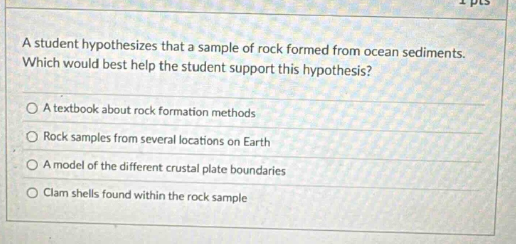 a student hypothesizes that a sample of rock formed from ocean sediments. which would best help the student support this hypothesis? a textbook about rock formation methods rock samples from several locations on earth a model of the different crustal plate boundaries clam shells found within the rock sample