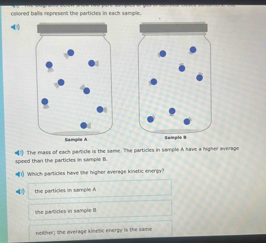 the diagrams below show two pure samples of gas in identical closed containers. the colored balls represent the particles in each sample. sample a sample b the mass of each particle is the same. the particles in sample a have a higher average speed than the particles in sample b. which particles have the higher average kinetic energy? the particles in sample a the particles in sample b neither; the average kinetic energy is the same