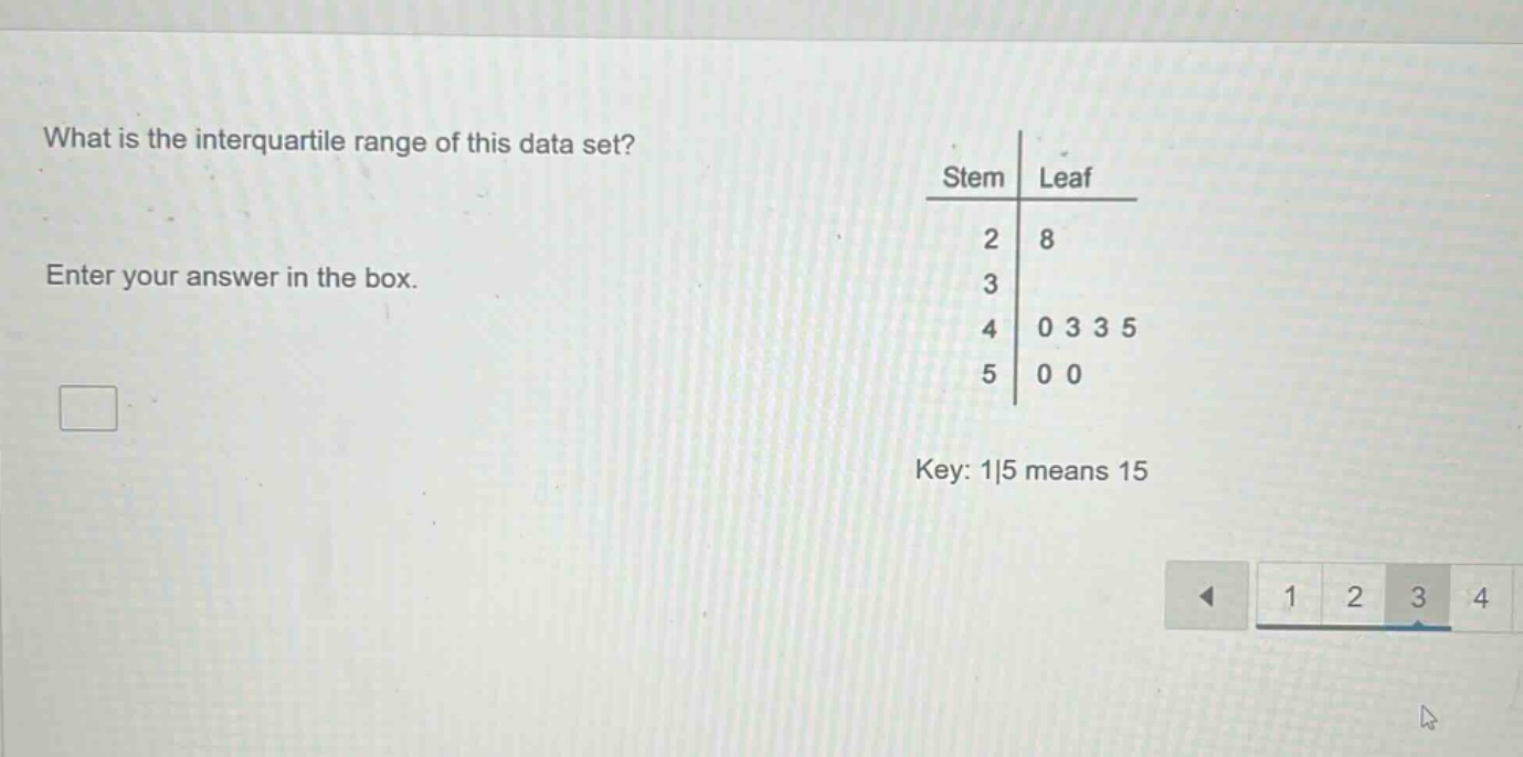 what is the interquartile range of this data set? enter your answer in the box. stem leaf 2 8 3 4 0 3 3 5 5 0 0 key: 1|5 means 15
