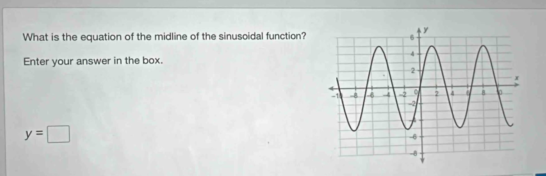 what is the equation of the midline of the sinusoidal function? enter your answer in the box. y =
