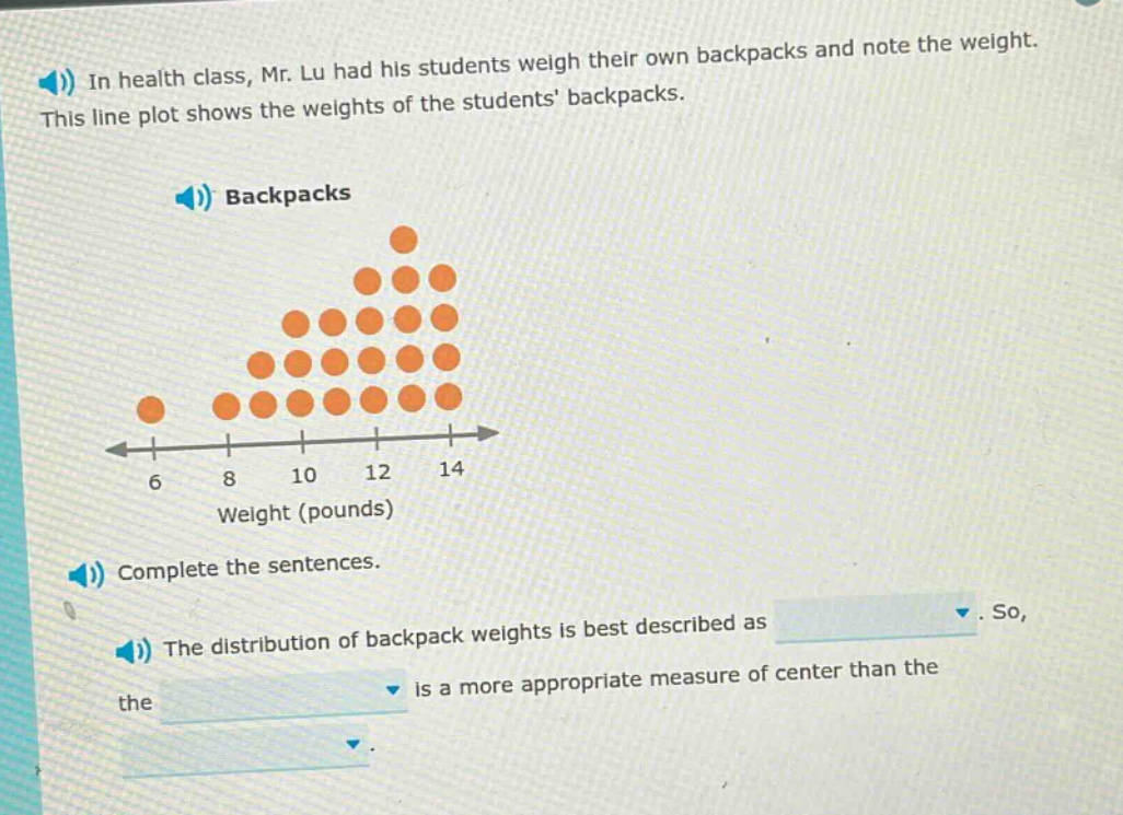 in health class, mr. lu had his students weigh their own backpacks and note the weight. this line plot shows the weights of the students backpacks. backpacks weight (pounds) complete the sentences. the distribution of backpack weights is best described as. so, the is a more appropriate measure of center than the