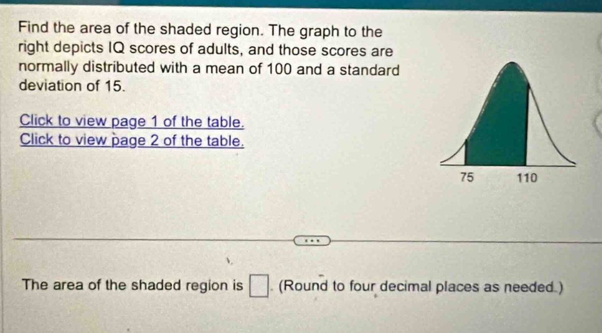 find the area of the shaded region. the graph to the right depicts iq scores of adults, and those scores are normally distributed with a mean of 100 and a standard deviation of 15. click to view page 1 of the table. click to view page 2 of the table. the area of the shaded region is. (round to four decimal places as needed.)