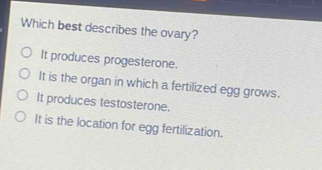 which best describes the ovary? it produces progesterone. it is the organ in which a fertilized egg grows. it produces testosterone. it is the location for egg fertilization.