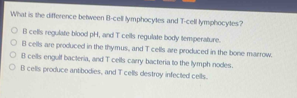 what is the difference between b - cell lymphocytes and t - cell lymphocytes? b cells regulate blood ph, and t cells regulate body temperature. b cells are produced in the thymus, and t cells are produced in the bone marrow. b cells engulf bacteria, and t cells carry bacteria to the lymph nodes. b cells produce antibodies, and t cells destroy infected cells.