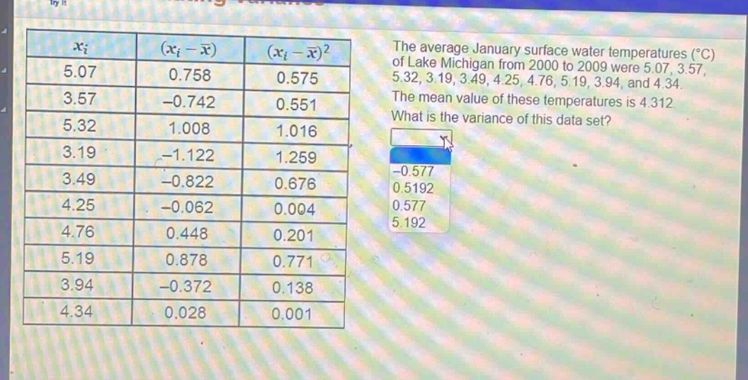 the average january surface water temperatures (°c) of lake michigan from 2000 to 2009 were 5.07, 3.57, 5.32, 3.19, 3.49, 4.25, 4.76, 5.19, 3.94, and 4.34. the mean value of these temperatures is 4.312. what is the variance of this data set?