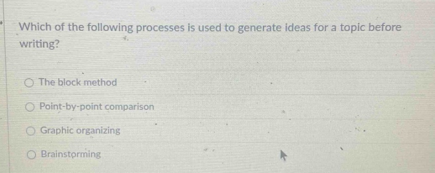 which of the following processes is used to generate ideas for a topic before writing? the block method point - by - point comparison graphic organizing brainstorming
