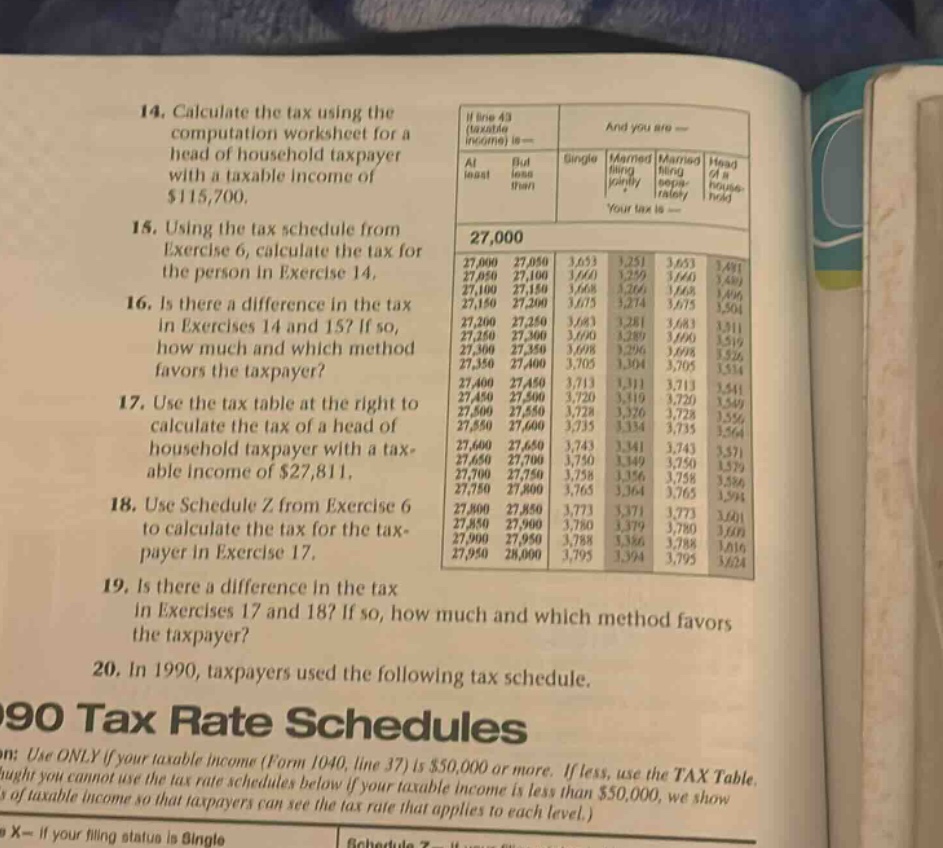 14. calculate the tax using the computation worksheet for a head of household taxpayer with a taxable income of $115,700.\n15. using the tax schedule from exercise 6, calculate the tax for the person in exercise 14.\n16. is there a difference in the tax in exercises 14 and 15? if so, how much and which method favors the taxpayer?\n17. use the tax table at the right to calculate the tax of a head of household taxpayer with a taxable income of $27,811.\n18. use schedule z from exercise 6 to calculate the tax for the taxpayer in exercise 17.\n19. is there a difference in the tax in exercises 17 and 18? if so, how much and which method favors the taxpayer?\n20. in 1990, taxpayers used the following tax schedule.\n1990 tax rate schedules\non: use only if your taxable income (form 1040, line 37) is $50,000 or more. if less, use the tax table.\nught you cannot use the tax rate schedules below if your taxable income is less than $50,000, we show\nis of taxable income so that taxpayers can see the tax rate that applies to each level.)\na x - if your filing status is single