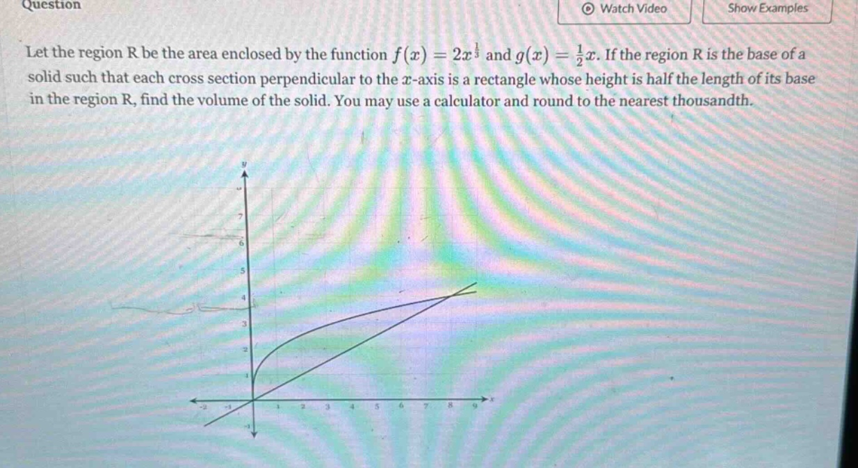 let the region r be the area enclosed by the function f(x)=2x^(1/3) and g(x)=(1/2)x. if the region r is the base of a solid such that each cross - section perpendicular to the x - axis is a rectangle whose height is half the length of its base in the region r, find the volume of the solid. you may use a calculator and round to the nearest thousandth.
