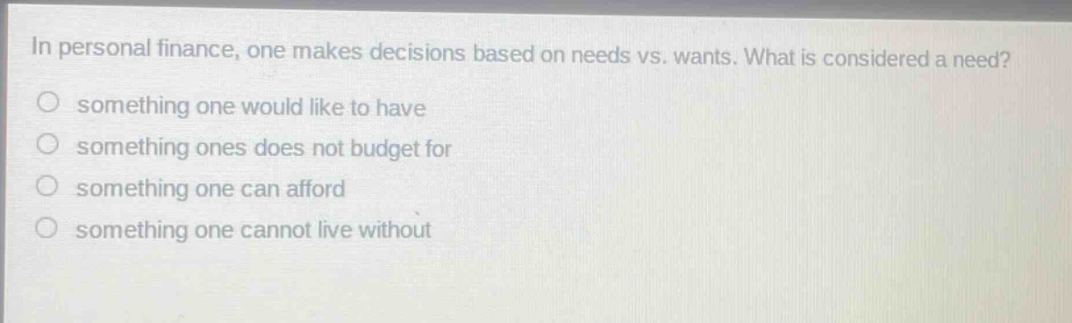 in personal finance, one makes decisions based on needs vs. wants. what is considered a need? something one would like to have something ones does not budget for something one can afford something one cannot live without