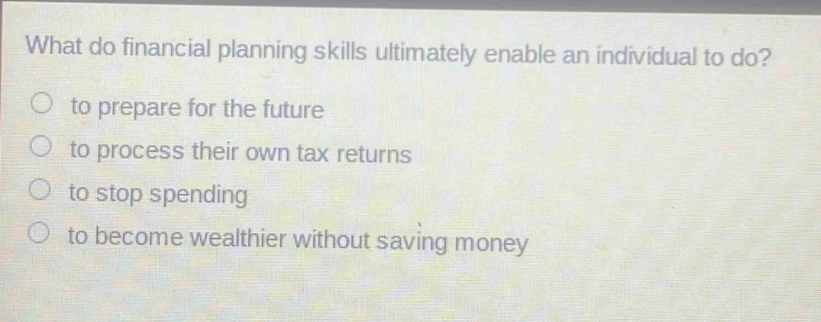 what do financial planning skills ultimately enable an individual to do? to prepare for the future to process their own tax returns to stop spending to become wealthier without saving money