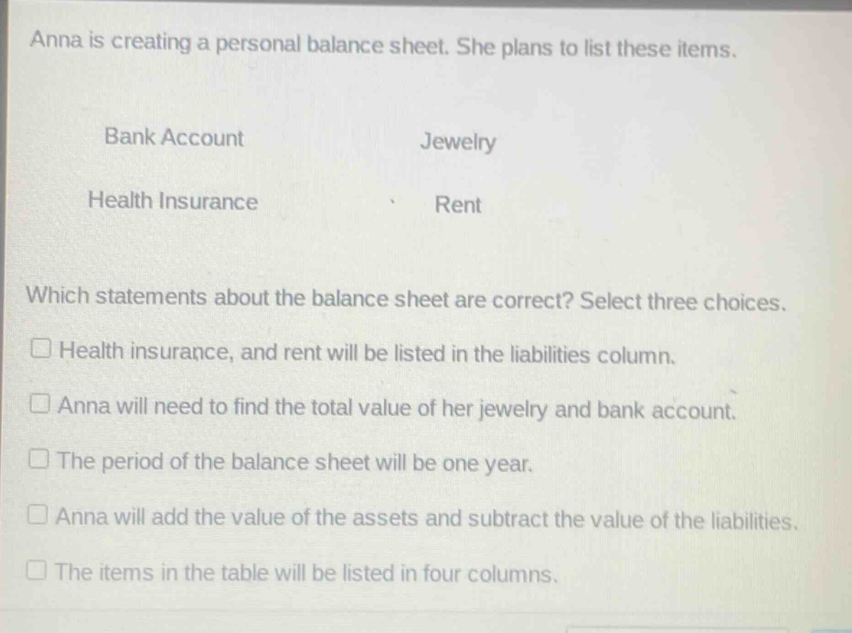 anna is creating a personal balance sheet. she plans to list these items. bank account jewelry health insurance rent which statements about the balance sheet are correct? select three choices. health insurance, and rent will be listed in the liabilities column. anna will need to find the total value of her jewelry and bank account. the period of the balance sheet will be one year. anna will add the value of the assets and subtract the value of the liabilities. the items in the table will be listed in four columns.