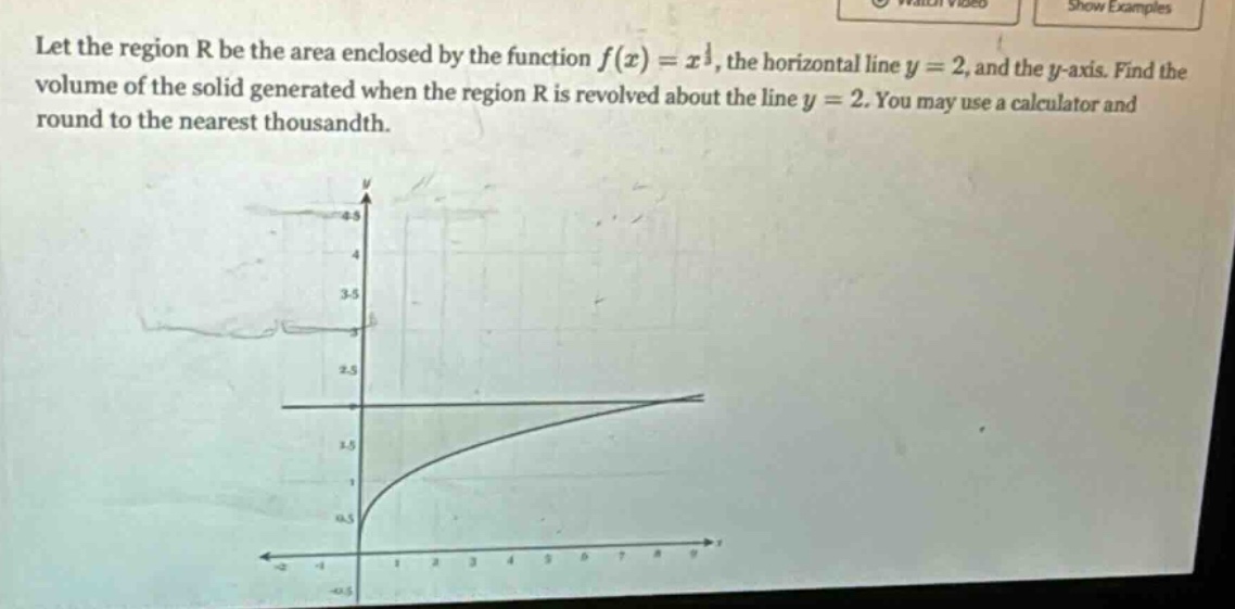 let the region r be the area enclosed by the function f(x)=x^1, the horizontal line y = 2, and the y - axis. find the volume of the solid generated when the region r is revolved about the line y = 2. you may use a calculator and round to the nearest thousandth.