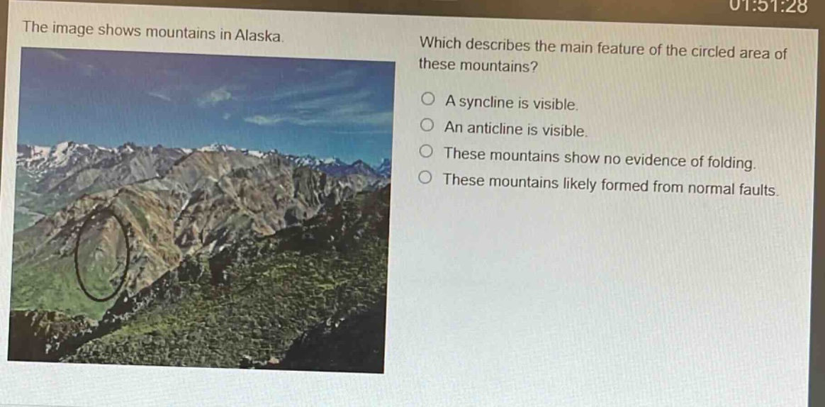 the image shows mountains in alaska. which describes the main feature of the circled area of these mountains? a syncline is visible. an anticline is visible. these mountains show no evidence of folding. these mountains likely formed from normal faults.