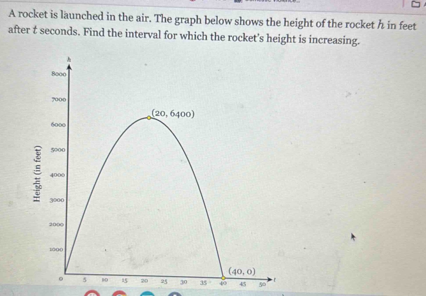 a rocket is launched in the air. the graph below shows the height of the rocket h in feet after t seconds. find the interval for which the rocket’s height is increasing.