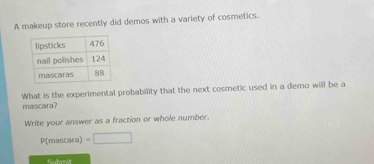 a makeup store recently did demos with a variety of cosmetics. lipsticks 476 nail polishes 124 mascaras 88 what is the experimental probability that the next cosmetic used in a demo will be a mascara? write your answer as a fraction or whole number. p(mascara) =