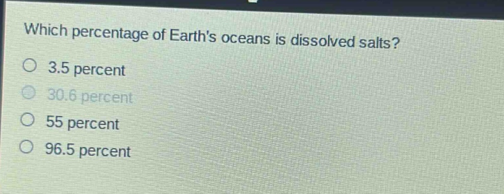 which percentage of earths oceans is dissolved salts?\n3.5 percent\n30.6 percent\n55 percent\n96.5 percent