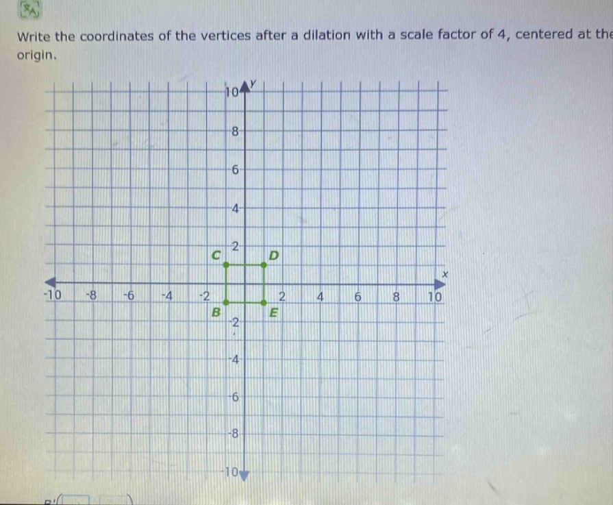write the coordinates of the vertices after a dilation with a scale factor of 4, centered at the origin.