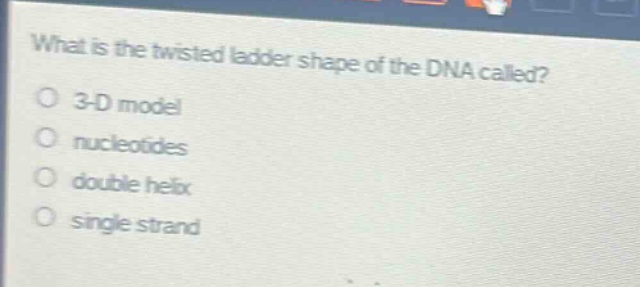 what is the twisted ladder shape of the dna called?\n3 - d model\nnucleotides\ndouble helix\nsingle strand