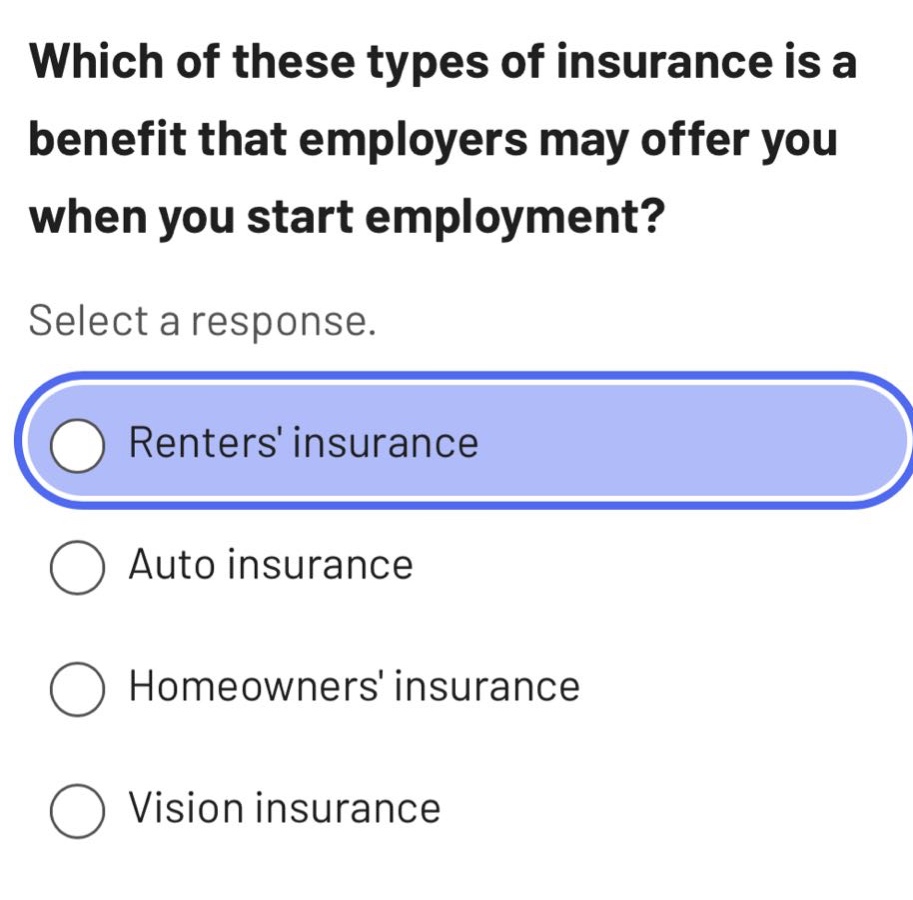 which of these types of insurance is a benefit that employers may offer you when you start employment? select a response. renters insurance auto insurance homeowners insurance vision insurance