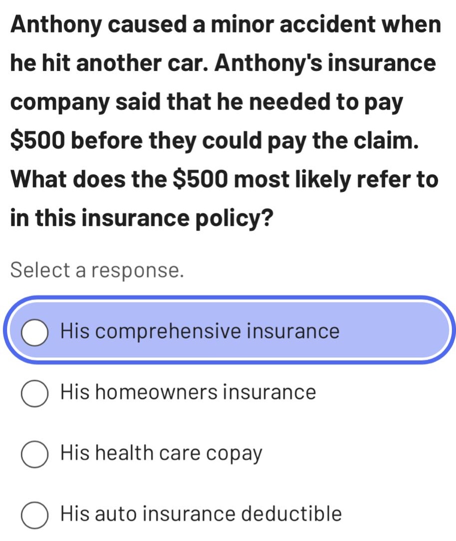 anthony caused a minor accident when he hit another car. anthonys insurance company said that he needed to pay $500 before they could pay the claim. what does the $500 most likely refer to in this insurance policy? select a response. his comprehensive insurance his homeowners insurance his health care copay his auto insurance deductible