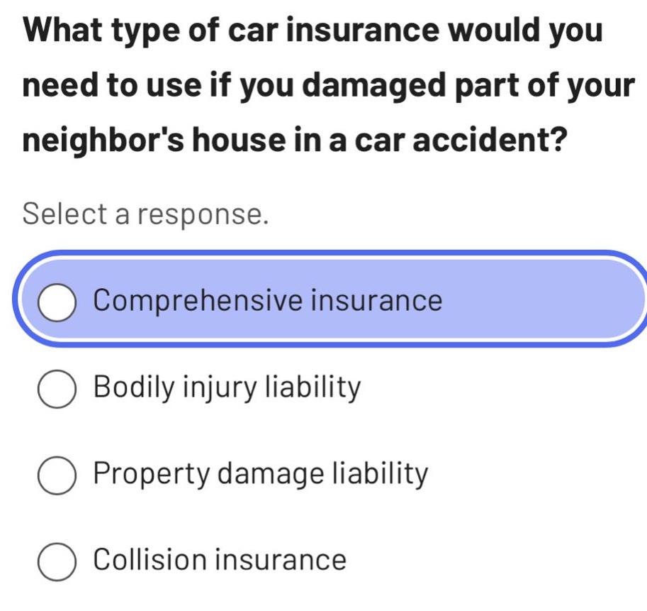 what type of car insurance would you need to use if you damaged part of your neighbors house in a car accident? select a response. comprehensive insurance bodily injury liability property damage liability collision insurance
